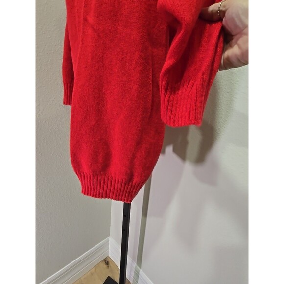 Vtg Cherry Red Shetland Wool Sweater Womens OS Mock Funnel Neck Long Fisherman - Picture 3 of 6